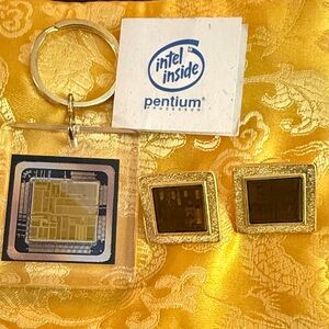 Intel Pentium Processor Keychain and Earrings - Gold and Black